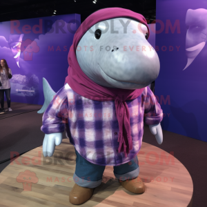 Purple Humpback Whale mascot costume character dressed with a Flannel Shirt and Bracelets