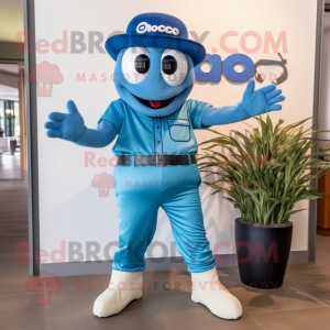 Blue Gyro mascot costume character dressed with a Bermuda Shorts and Suspenders