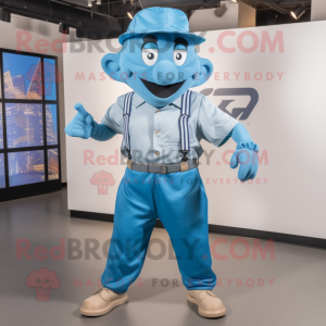 Blue Gyro mascot costume character dressed with a Bermuda Shorts and Suspenders