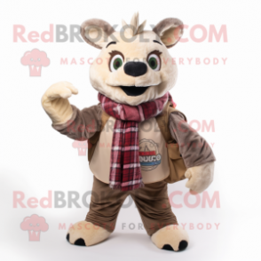 Beige Chupacabra mascot costume character dressed with a Flannel Shirt and Scarves