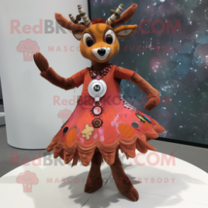 Rust Deer mascot costume character dressed with a Circle Skirt and Brooches