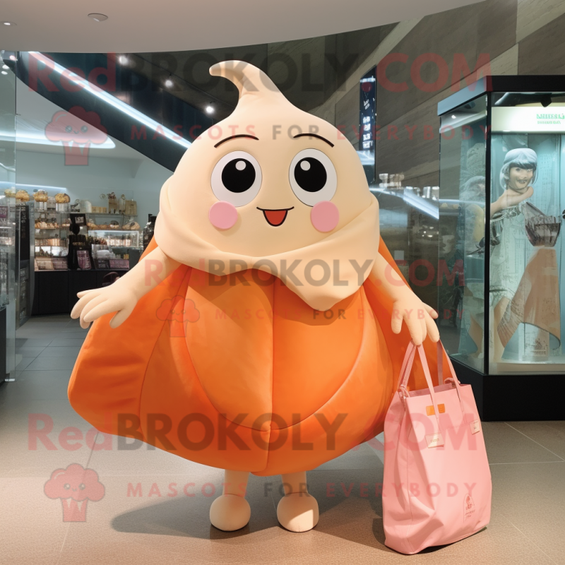 Peach Stingray mascot costume character dressed with a Mini Dress and Tote bags