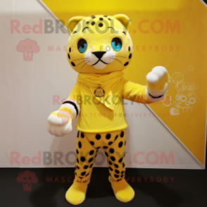 Lemon Yellow Leopard mascot costume character dressed with a Trousers and Shawl pins