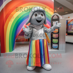 Silver Rainbow mascot costume character dressed with a Maxi Dress and Beanies