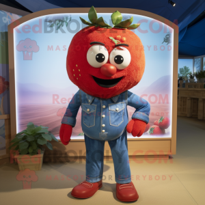 Red Strawberry mascot costume character dressed with a Chambray Shirt and Necklaces