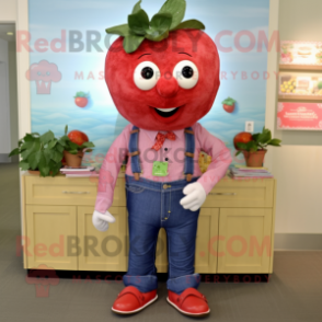 Red Strawberry mascot costume character dressed with a Chambray Shirt and Necklaces