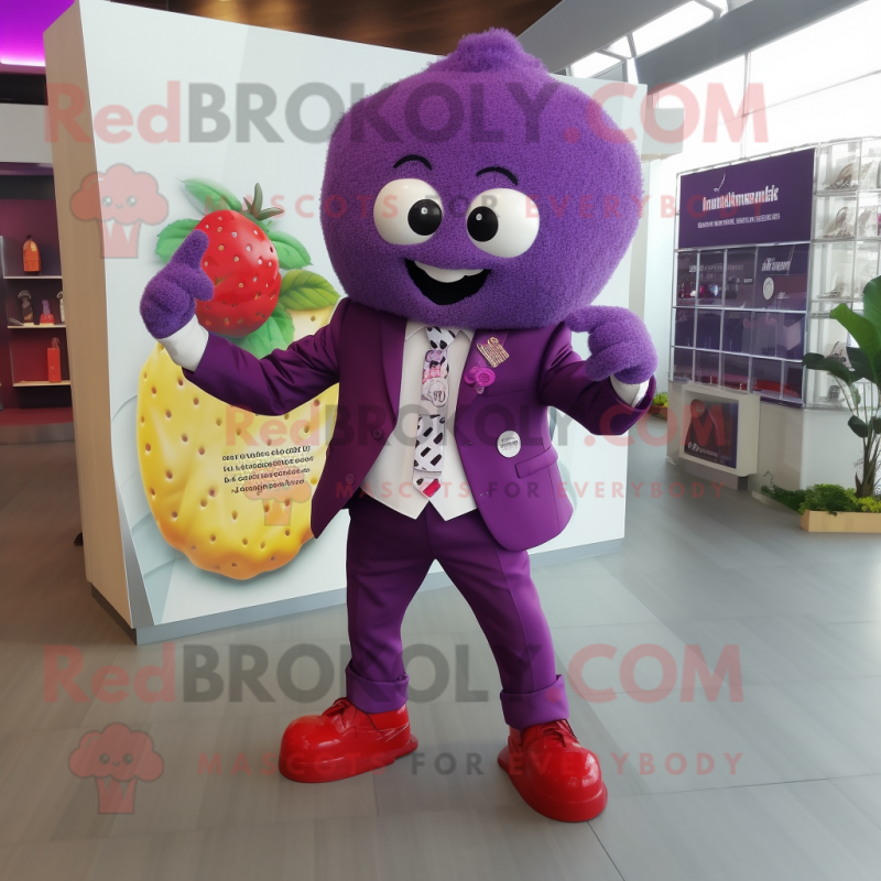 Purple Raspberry mascot costume character dressed with a Blazer and Shoe clips