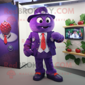 Purple Raspberry mascot costume character dressed with a Blazer and Shoe clips