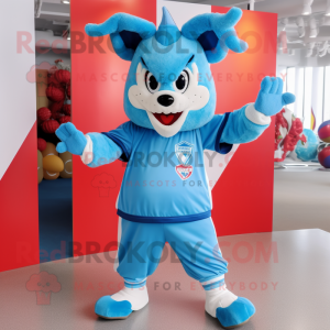 Sky Blue Devil mascot costume character dressed with a Windbreaker and Headbands