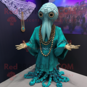 Turquoise Kraken mascot costume character dressed with a Blouse and Necklaces