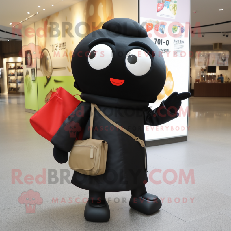 Black Miso Soup mascot costume character dressed with a Turtleneck and Handbags