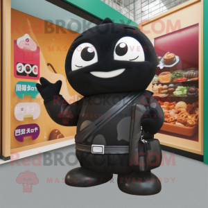 Black Miso Soup mascot costume character dressed with a Turtleneck and Handbags
