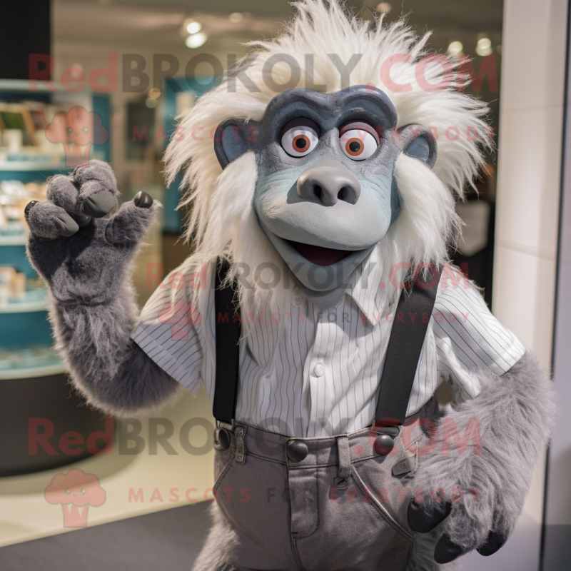 Silver Baboon mascot costume character dressed with a Blouse and Suspenders