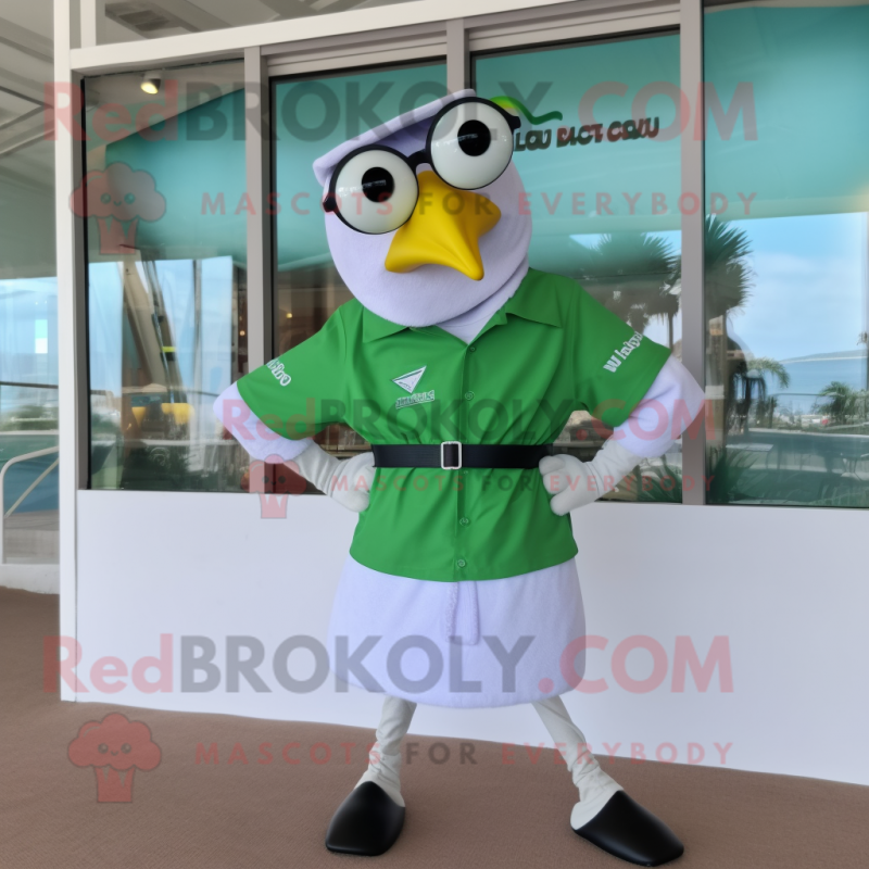 Lime Green Seagull mascot costume character dressed with a Polo Shirt and Belts