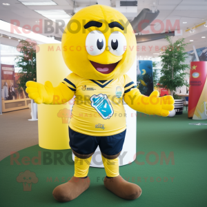 Yellow Lemon mascot costume character dressed with a Rugby Shirt and Scarf clips
