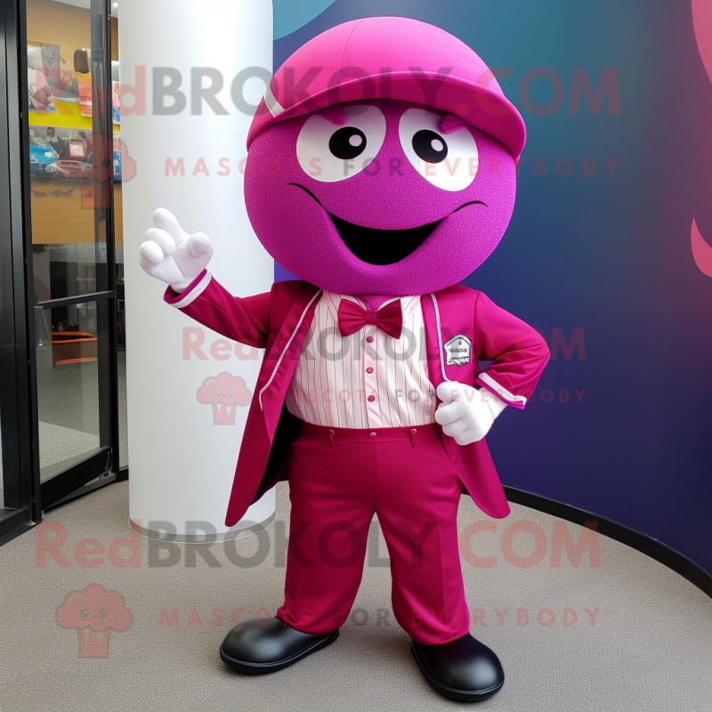 Magenta Baseball Ball mascot costume character dressed with a Suit Pants and Bow ties