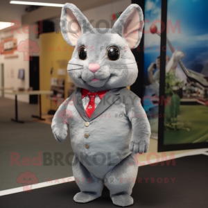 Gray Chinchilla mascot costume character dressed with a Mini Dress and Tie pins