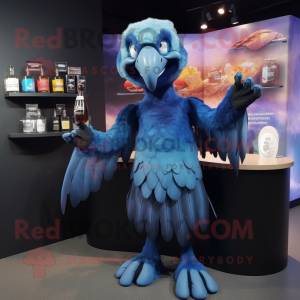 Blue Vulture mascot costume character dressed with a Cocktail Dress and Beanies