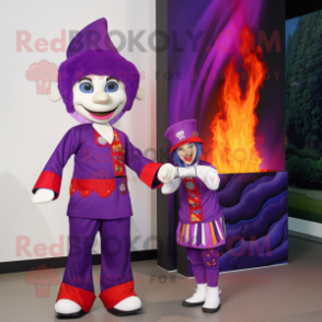 Purple Fire Eater mascot costume character dressed with a Bermuda Shorts and Pocket squares