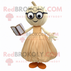 Beige Pumpkin mascot costume character dressed with a Evening Gown and Reading glasses