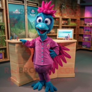 Magenta Peacock mascot costume character dressed with a Chambray Shirt and Shoe laces