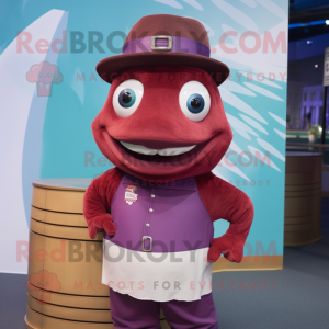 Maroon Tuna mascot costume character dressed with a Tank Top and Hats