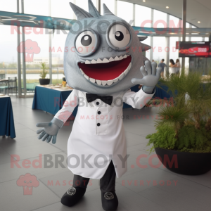 Silver Ceviche mascot costume character dressed with a Dress Shirt and Brooches