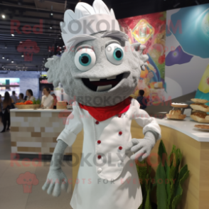 Silver Ceviche mascot costume character dressed with a Dress Shirt and Brooches