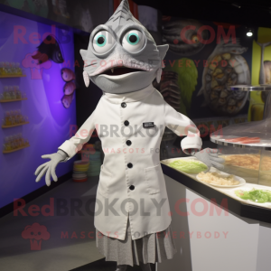 Silver Ceviche mascot costume character dressed with a Dress Shirt and Brooches