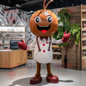 Rust Cherry mascot costume character dressed with a Henley Tee and Suspenders