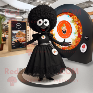 Black Paella mascot costume character dressed with a Circle Skirt and Handbags
