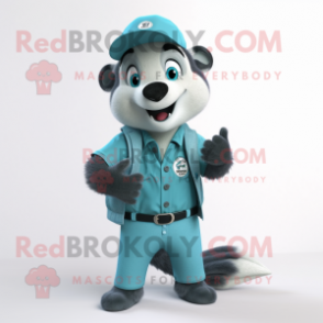 Cyan Badger mascot costume character dressed with a Overalls and Lapel pins