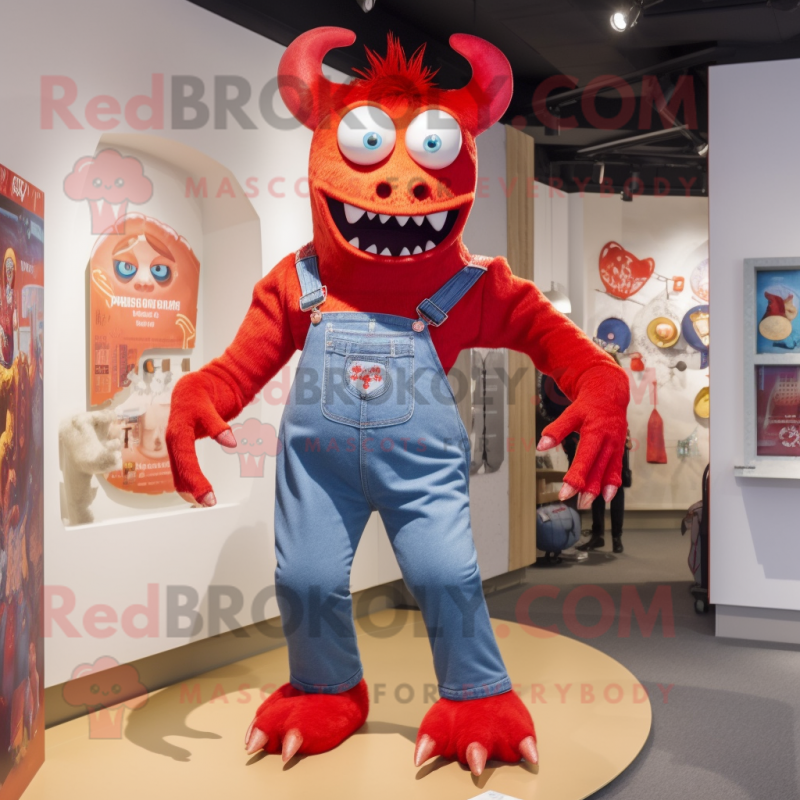 Red Demon mascot costume character dressed with a Mom Jeans and Brooches