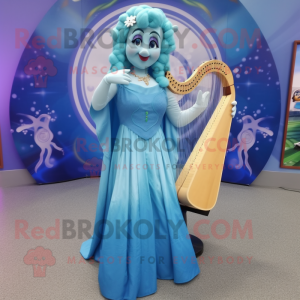 Sky Blue Celtic Harp mascot costume character dressed with a Maxi Dress and Earrings