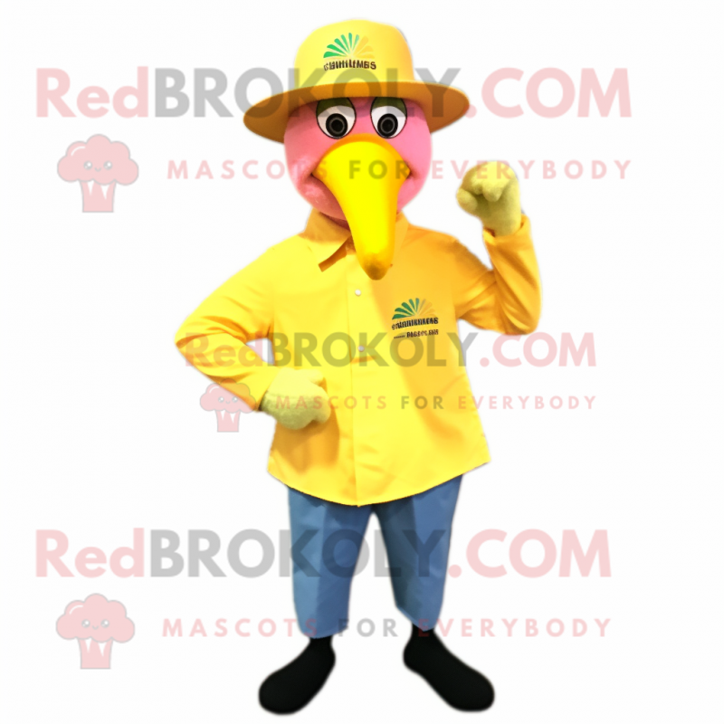 Lemon Yellow Flamingo mascot costume character dressed with a Jeans and Hats