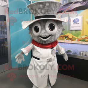 Silver Fish Tacos mascot costume character dressed with a Romper and Hat pins