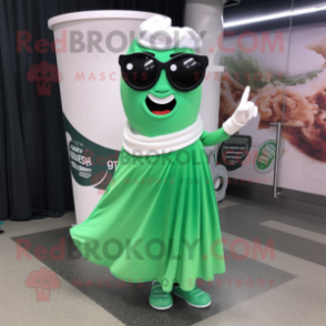 Green Clam Chowder mascot costume character dressed with a Evening Gown and Sunglasses