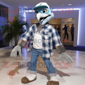 Silver Archeopteryx mascot costume character dressed with a Flannel Shirt and Shoe laces