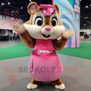 Pink Chipmunk mascot costume character dressed with a Maxi Skirt and Hairpins