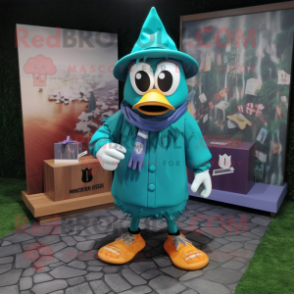 Teal Graveyard mascot costume character dressed with a Windbreaker and Clutch bags