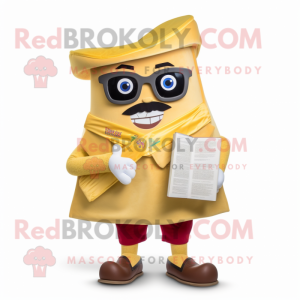 Gold Enchiladas mascot costume character dressed with a Chinos and Reading glasses