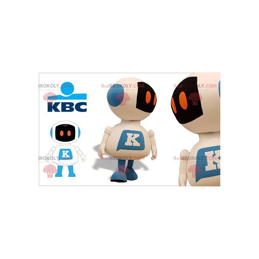 Mascot reusachtige witte en blauwe robot. KBC-mascotte -
