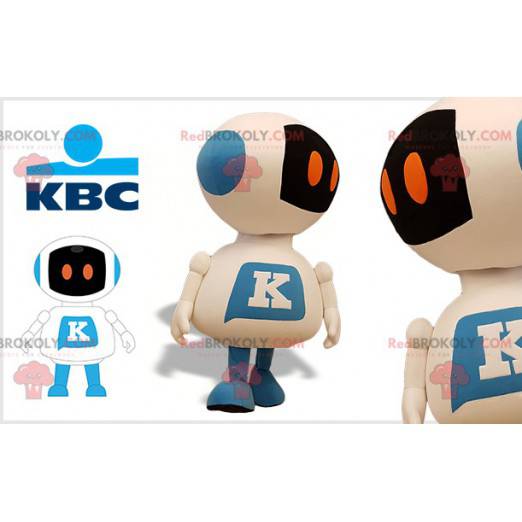 Mascot reusachtige witte en blauwe robot. KBC-mascotte -