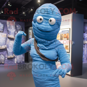 Blue Mummy mascot costume character dressed with a Cardigan and Cummerbunds