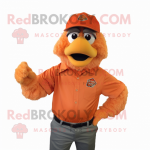 Orange Fried Chicken mascot costume character dressed with a Henley Shirt and Hats