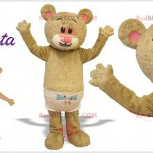 Beige teddybeer mascotte met een jas. Gigantische teddybeer -