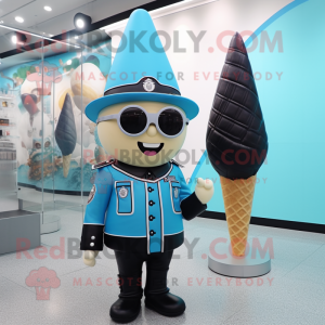 Cyan Ice Cream Cone mascot costume character dressed with a Leather Jacket and Berets