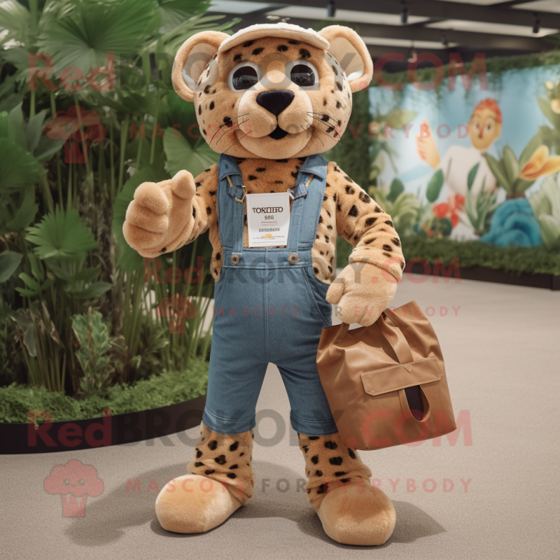 Tan Jaguar mascot costume character dressed with a Dungarees and Tote bags