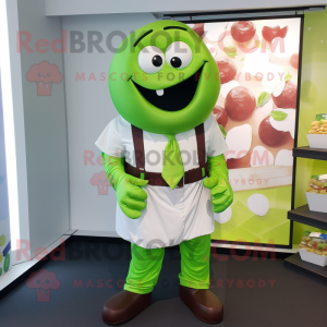 Lime Green Chocolates mascot costume character dressed with a Poplin Shirt and Belts