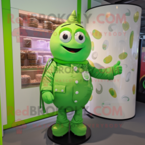 Lime Green Chocolates mascot costume character dressed with a Poplin Shirt and Belts